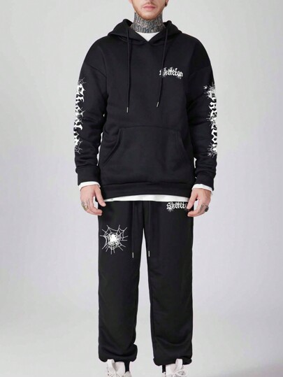 Goth Men's Hooded Sweatshirt And Sweatpants 2 Piece Set With Letter Print And Drawstring