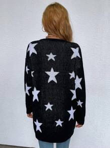 SHEIN Essnce Của phụ nữ Hình sao Áo len Mở Với Mở Mặt trước - Đen và trắng - Xem 2