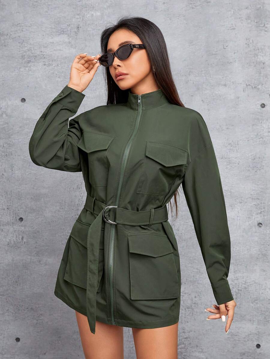SHEIN PETITE 女士腰帶實用裙裝 - 綠色 - 查看 1