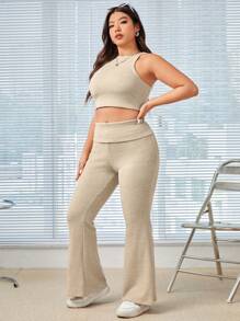 SHEIN EZwear Apricot Color Knitted Women's Plus Size Slim Fit Suit