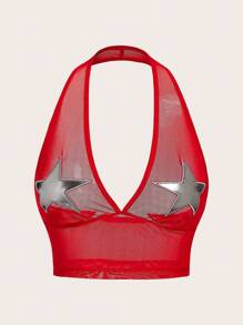 SHEIN ICON 星星印花無背貼頸紅色上衣 - 紅色 - 查看 1