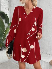 SHEIN LUNE Graphic Print V Neck Dress - Red - View 6