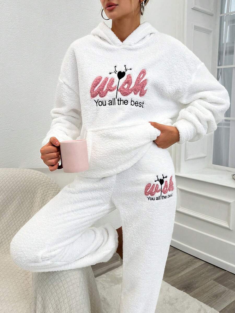 SHEIN Cottnline Slogan Embroidery Drop Shoulder Teddy Fleece Hoodie And Pants Set - White - View 1