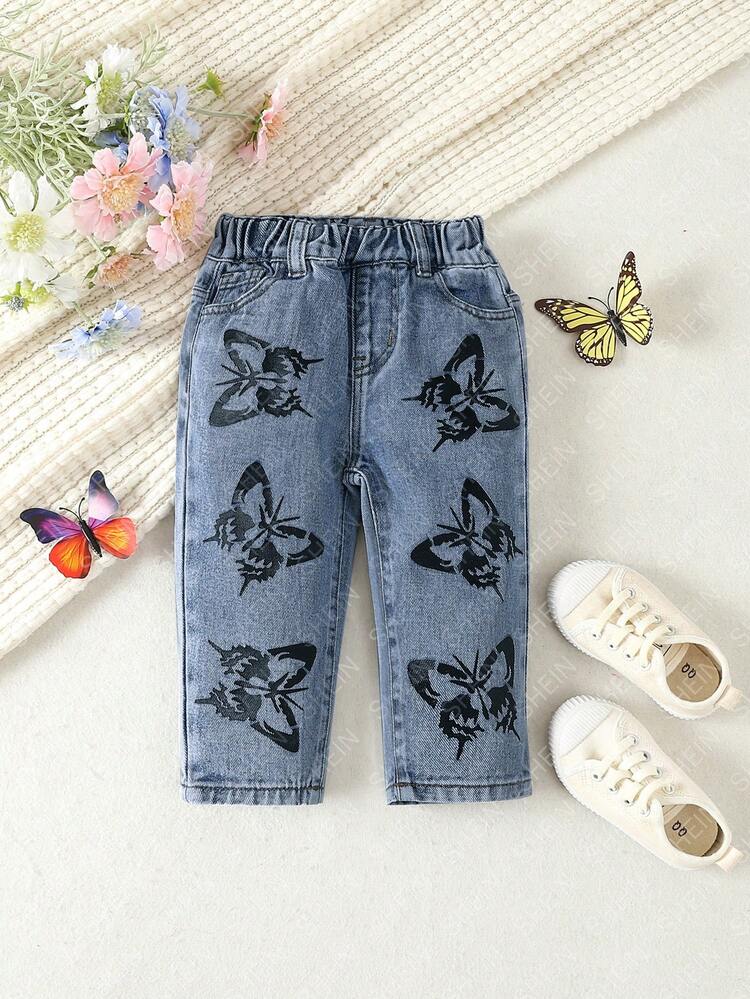 Baby Girl Butterfly Print Elastic Waist Jeans
