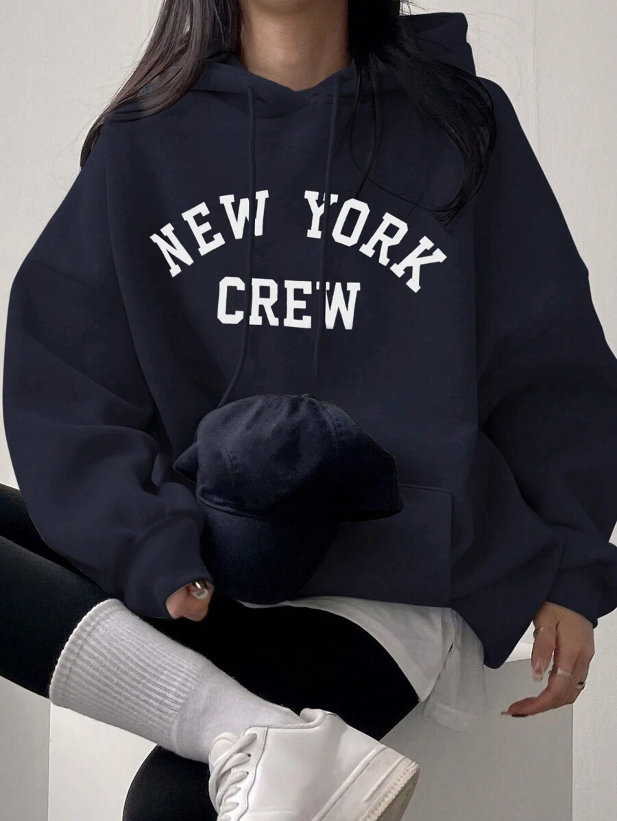 DAZY Đồ họa Chữ cái Thả vai Dây rút Hoodie - Màu xanh hải quân - Xem 1
