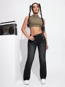 SHEIN EZwear Flap Pocket Flare Leg Jeans - Black - View 5