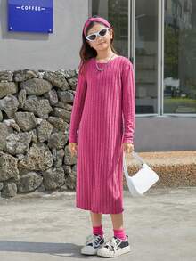 Girls' Solid Color Round Neck Dress With Hair Tie - Hot Pink - View 4