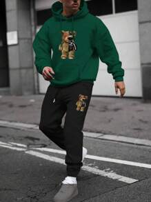Manfinity Men's Bear Print Hoodie And Sweatpants Set With Drawstring - Dark Green - View 3