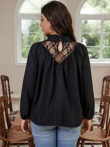 Calvaya Hơn Ren tương phản Tay áo lồng đèn Áo sơ mi - màu đen - Xem 2