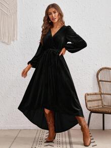 SHEIN VCAY Vestido con cinturón de manga farol bajo irregular