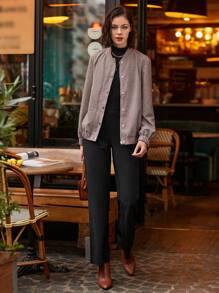 SHEIN Frenchy Chaqueta Cruzada Con Cremallera Frontal Y Patrón De Cuadrícula Para Mujer