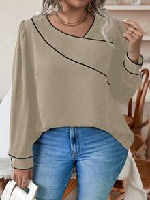 Calvaya Plus Size Contrast Trim Button Up Shirt - Khaki - View 3