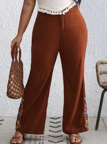 SHEIN VCAY Plus Floral Embroidery Flare Leg Pants - Brown - View 1