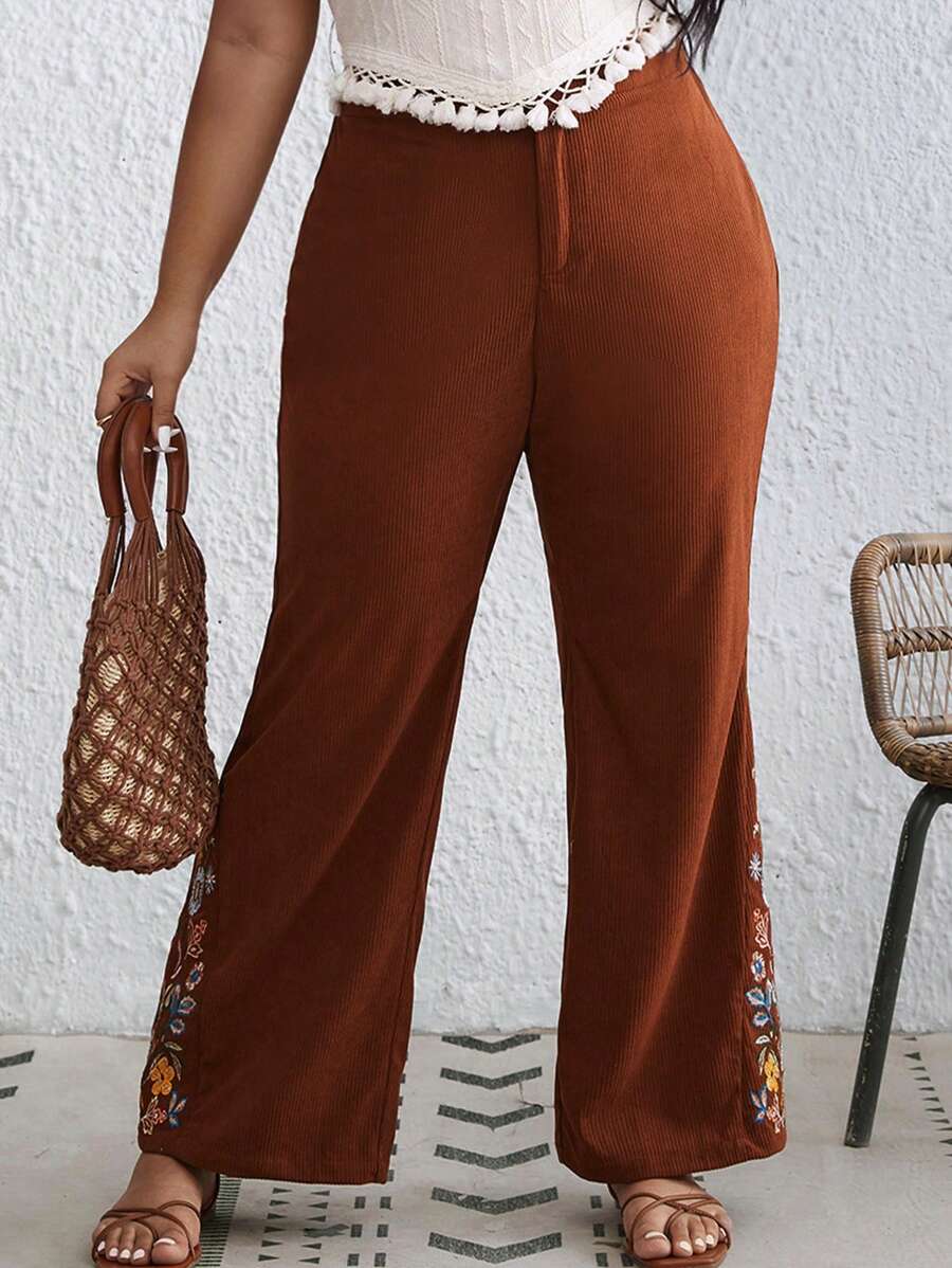 SHEIN VCAY Plus Floral Embroidery Flare Leg Pants - Brown - View 1
