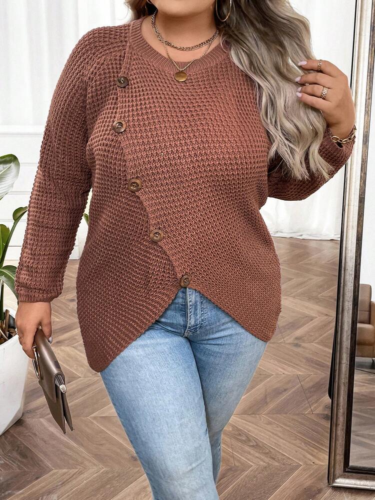 Plus Button Detail Asymmetrical Hem Raglan Sleeve Sweater Knit Pullover Fall Winter Sweater