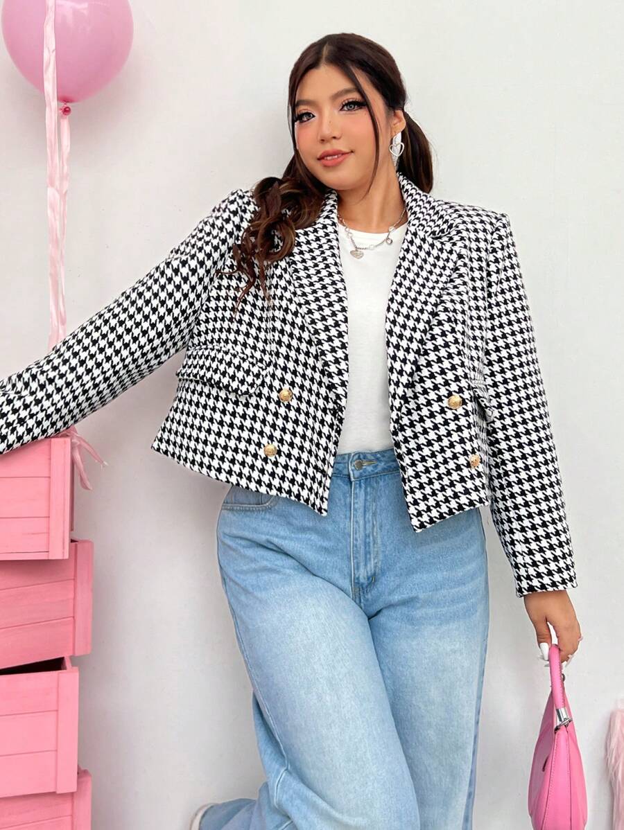 SHEIN EZwear 大碼雙排釦千鳥格西裝外套帶鈕扣細節 - 黑與白 - 查看 1
