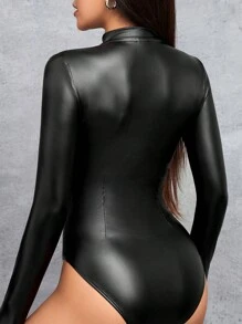 SHEIN PETITE 女士3d Pu皮革長袖連體衣 - 黑色 - 查看 2