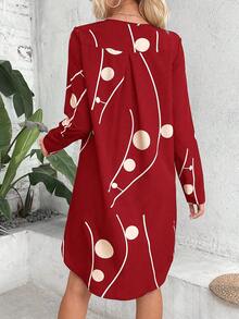 SHEIN LUNE Graphic Print V Neck Dress - Red - View 2