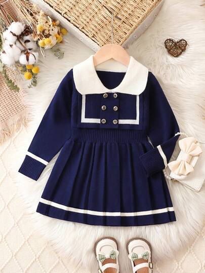 Infant Girls' Contrast Color Collar Knitted Sweater Dress