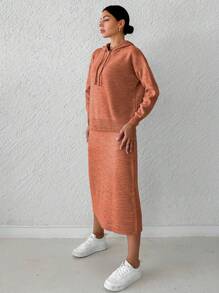 SHEIN Cottnline 女式連帽毛衣兩件套 - 橘色 - 查看 4