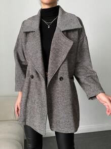 RueChic Herringbone Print Double Button Overcoat - Beige - View 5