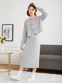 tejido de canalé Cárdigan con Vestido de tirantes Set - Gris - Ver 1