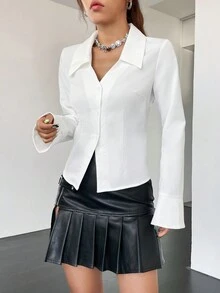 SHEIN Coolane Women's Solid Color Button-up Collared White Shirt - White - View 4