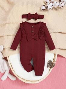SHEIN Mono De Manga Larga Con Pantalón Largo Para Recién Nacido/niña Bebé Con Adorno De Encaje, Botones Decorativos Y Un Lindo Moño En La Parte Delantera - Burdeos - Ver 1