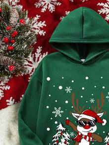 Tween Boy Christmas Print Hooded Thermal Lined Sweatshirt - Green - View 4