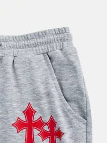 SHEIN EZwear Cross Print Drawstring Waist Flare Leg Sweatpants - Light Grey - View 4