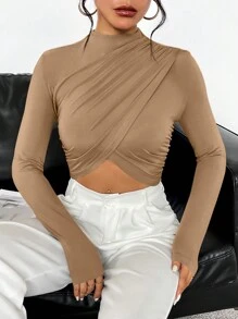 SHEIN Essnce 女士交叉前擺收緊襯衫 - 卡其色 - 查看 1