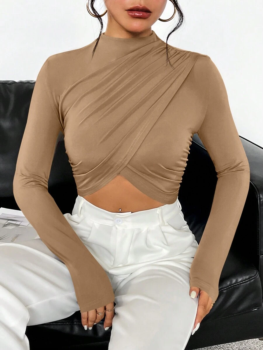 SHEIN Essnce 女士交叉前擺收緊襯衫 - 卡其色 - 查看 1
