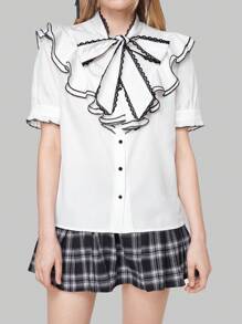 ROMWE Kawaii Của phụ nữ Cà vạt Ren Hem tương phản Áo sơ mi - trắng - Xem 2