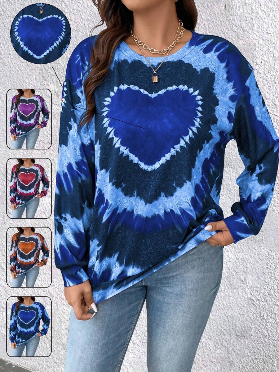 EMERY ROSE Plus Size Women's Tie-Dye Heart Print Sweatshirt Pullover Fall Sweatshirt - Royal Blue - View 1