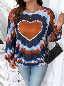 SHEIN LUNE 大尺碼女士心形扎染印花運動衫 - 橘色 - 查看 4