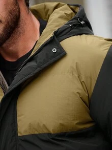 Manfinity Homme 超大号男式双色夹棉大衣，配有翻盖口袋和连帽 - 咖啡棕 - 查看 8