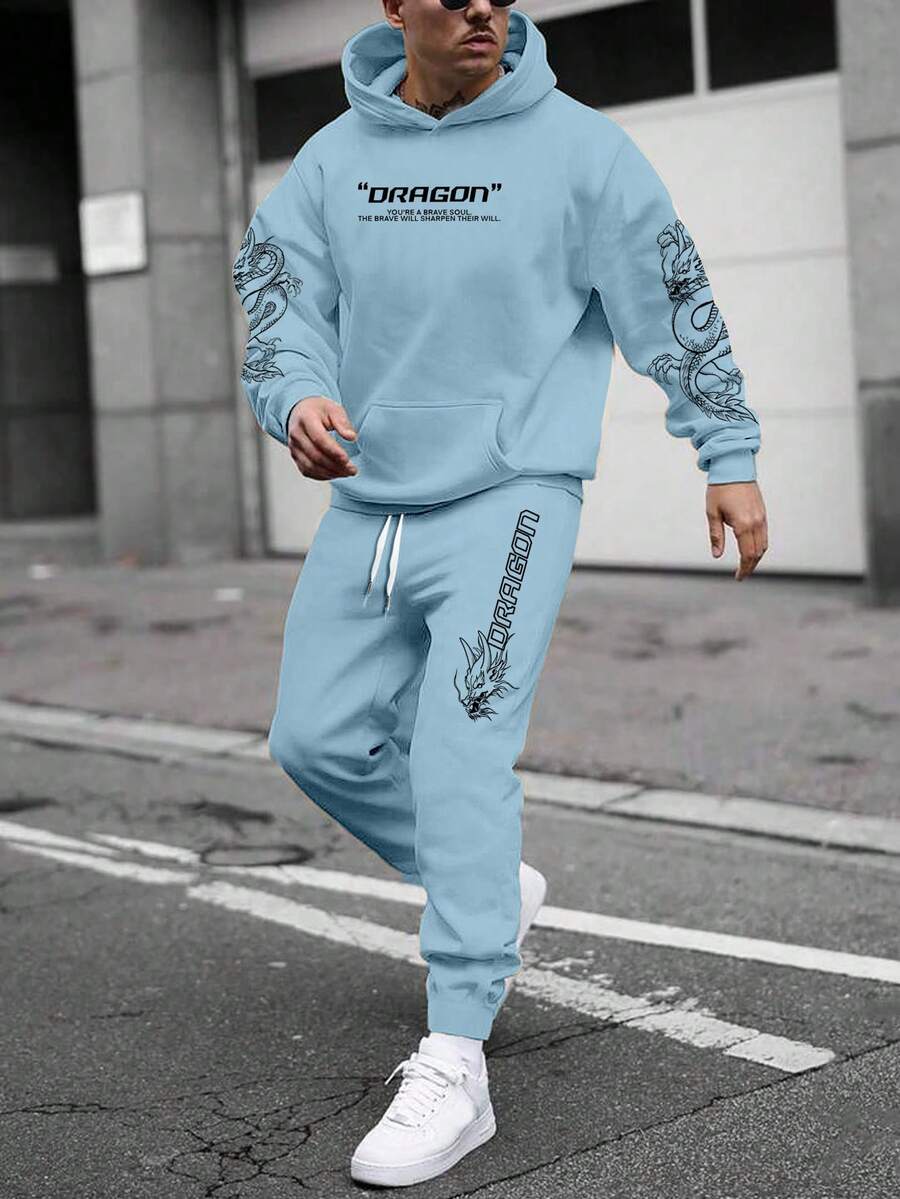 Manfinity Homme 寬鬆落肩連帽衛衣套裝 - 淺藍色 - 查看 1