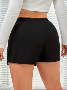 SHEIN EZwear 大码女式针织纯色不对称高腰短裙 - 黑色 - 查看 2