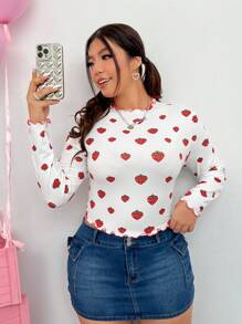 SHEIN EZwear Kích thước lớn In Dâu tây Cạnh rau diếp Áo thun - trắng - Xem 1