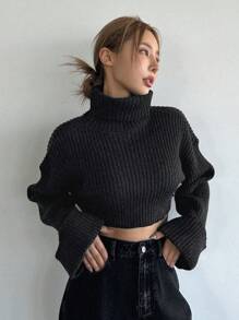 Dazy Star Cổ cao Thả vai Lỏng lẻo phù hợp Ngắn Áo len - Xám - Xem 4