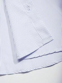 Manfinity Mode 男士条纹印花口袋贴布休闲长袖衬衫，适合送给男朋友的礼物，秋季 - 藍白色 - 查看 5