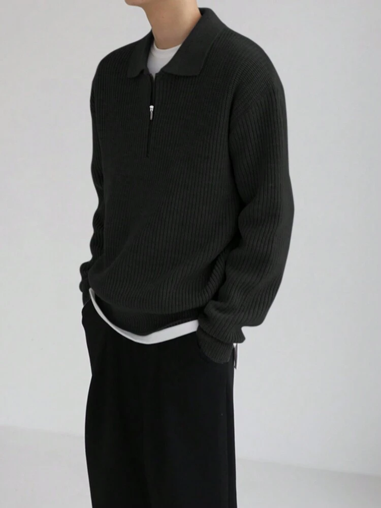 Men's Front Zipper Drop Shoulder Fall Sweater Quarter Zip Men
