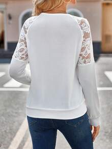 SHEIN LUNE Contrast Lace Raglan Sleeve Sweatshirt - White - View 2