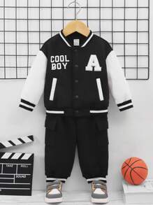 SHEIN 兒童休閒棒球夾克和長褲套裝,配有拼色設計 - 彩色 - 查看 1