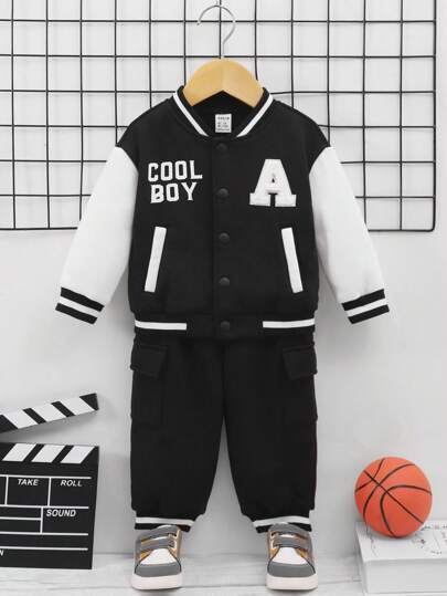 SHEIN Em bé Con trai Thời gian rảnh rỗi Áo khoác bóng chày & Dài Quần Bộ Với Khối màu Thiết kế