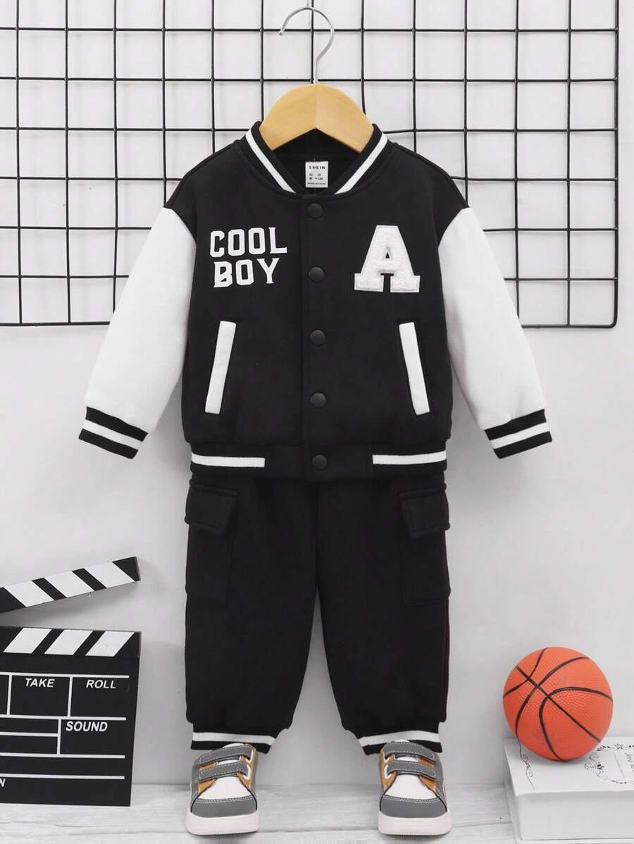 SHEIN 兒童休閒棒球夾克和長褲套裝,配有拼色設計 - 彩色 - 查看 1