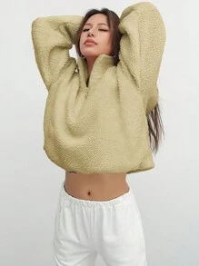 SHEIN Essnce Của phụ nữ Màu thuần Dây kéo nửa Sang trọng Áo nỉ Với Thả vai Thiết kế - Màu Khaki - Xem 4