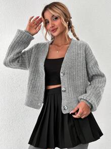 Women's Solid Color Drop Shoulder Button-down Cardigan - Grey - View 5