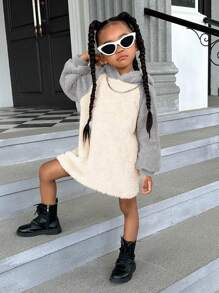 SHEIN Cô Gái Trẻ Hai âm Tay Raglan Thiết kế tai 3D Teddy Đàm áo cánh có mũ - Xám - Xem 3