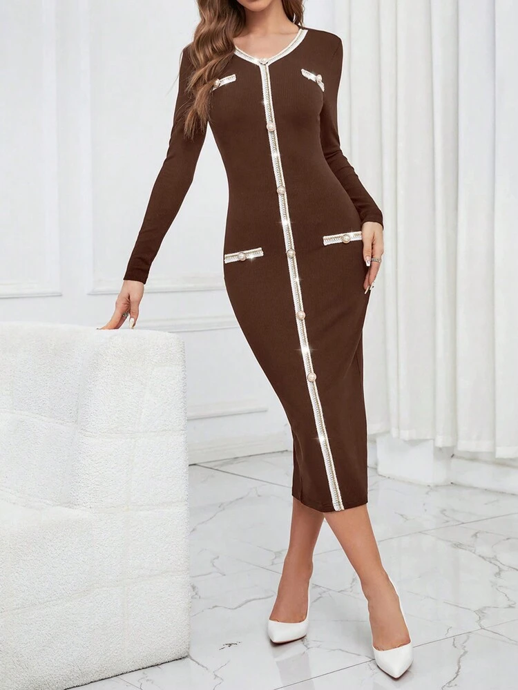 Contrast Binding Button Detail Bodycon Dress